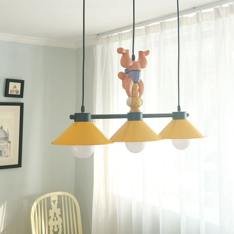 Yellow Cone Island Light Fixture Cartoon 3-Head Metal Pendant Lamp with Monkey Decoration Clearhalo 'Ceiling Lights' 'Island Lights' Lighting' 819475