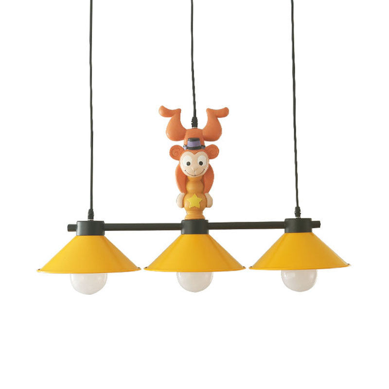 Yellow Cone Island Light Fixture Cartoon 3-Head Metal Pendant Lamp with Monkey Decoration Clearhalo 'Ceiling Lights' 'Island Lights' Lighting' 819476