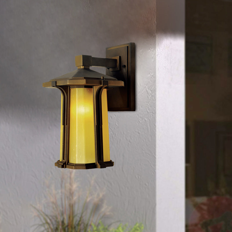 Tan/White Glass Lantern Sconce Retro Style Single Head Outdoor Wall Mounted Light Fixture Clearhalo 'Wall Lamps & Sconces' 'Wall Lights' Lighting' 819861