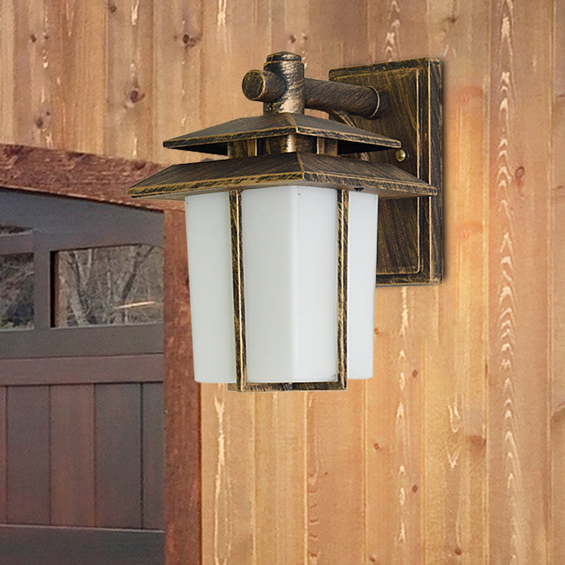 White Glass Lantern Wall Sconce Lodge 1-Bulb Courtyard Wall Lighting Fixture in Bronze/Black Clearhalo 'Wall Lamps & Sconces' 'Wall Lights' Lighting' 819964