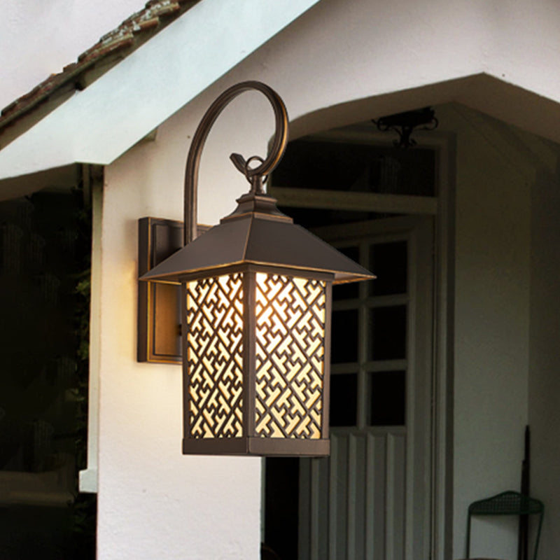 1-Bulb Curved Arm Sconce Light Rural Coffee Frosted Glass Wall Mounted Lighting for Outdoor Coffee Clearhalo 'Wall Lamps & Sconces' 'Wall Lights' Lighting' 820000