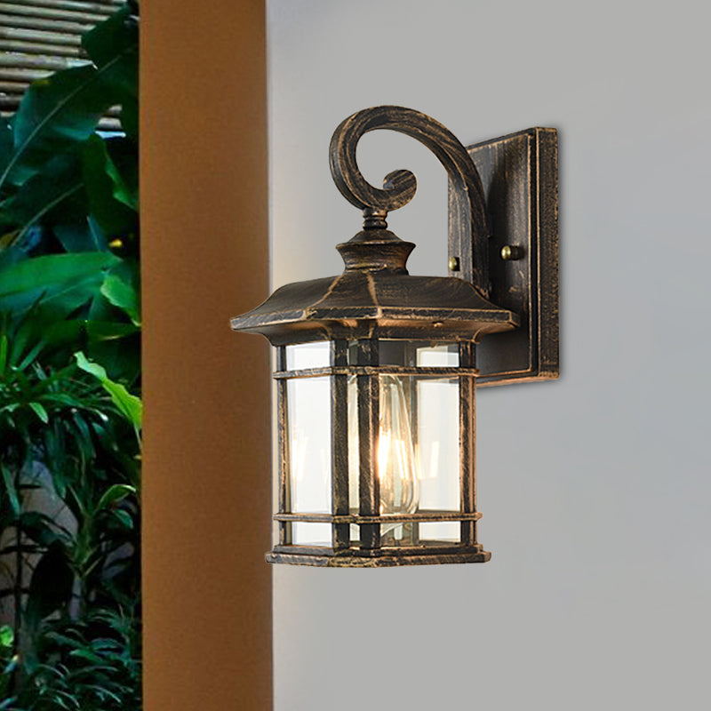 Bronze Curvy Arm Wall Lighting Countryside Clear Ripple Glass Single Head Outdoor Sconce Clearhalo 'Wall Lamps & Sconces' 'Wall Lights' Lighting' 820019