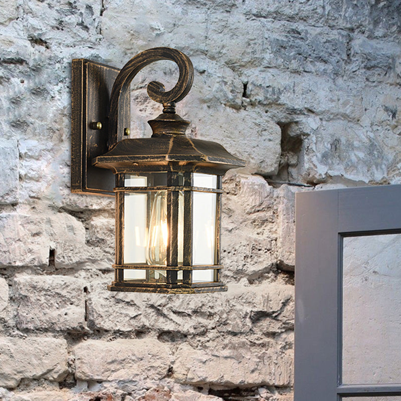 Bronze Curvy Arm Wall Lighting Countryside Clear Ripple Glass Single Head Outdoor Sconce Clearhalo 'Wall Lamps & Sconces' 'Wall Lights' Lighting' 820020