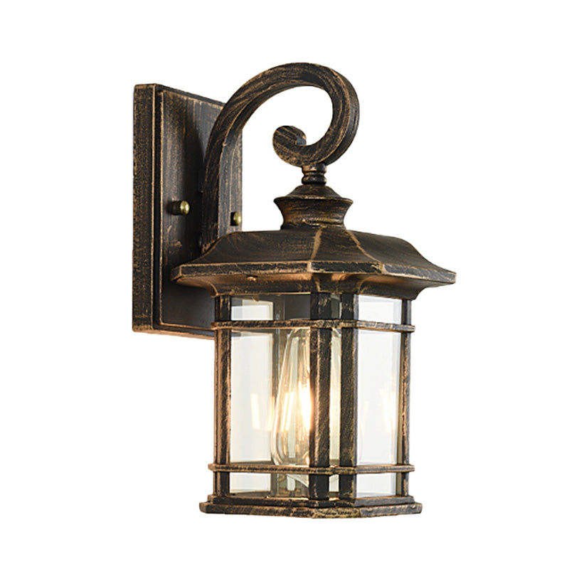 Bronze Curvy Arm Wall Lighting Countryside Clear Ripple Glass Single Head Outdoor Sconce Clearhalo 'Wall Lamps & Sconces' 'Wall Lights' Lighting' 820021