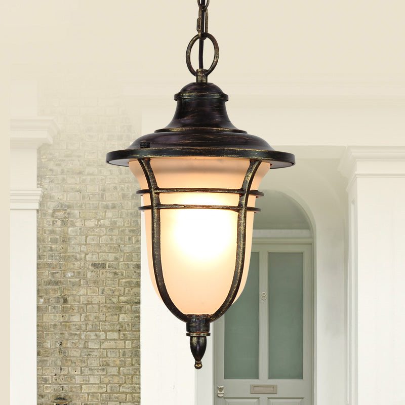 Black Urn-Shaped Down Lighting Lodge Frosted Glass Single Bulb Balcony Ceiling Pendant Light Black Clearhalo 'Ceiling Lights' 'Glass shade' 'Glass' 'Pendant Lights' 'Pendants' Lighting' 820094