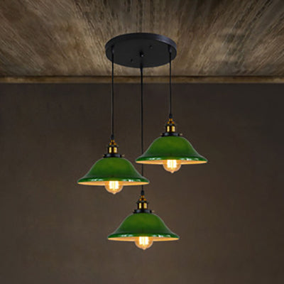 3 Lights Multiple Hanging Light Industrial Flared Green Glass Pendant Lighting in Brass Clearhalo 'Ceiling Lights' 'Glass shade' 'Glass' 'Industrial Pendants' 'Industrial' 'Middle Century Pendants' 'Pendant Lights' 'Pendants' 'Tiffany' Lighting' 85090