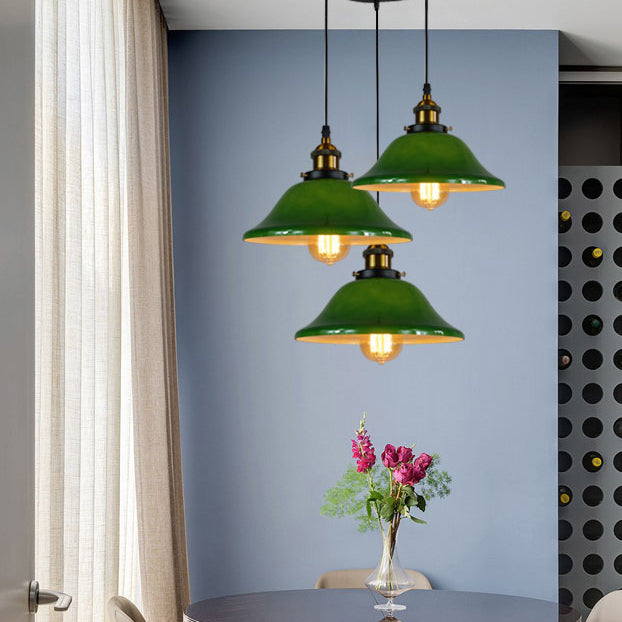 3 Lights Multiple Hanging Light Industrial Flared Green Glass Pendant Lighting in Brass Clearhalo 'Ceiling Lights' 'Glass shade' 'Glass' 'Industrial Pendants' 'Industrial' 'Middle Century Pendants' 'Pendant Lights' 'Pendants' 'Tiffany' Lighting' 85091