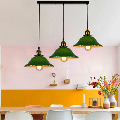 3 Lights Multiple Hanging Light Industrial Flared Green Glass Pendant Lighting in Brass Clearhalo 'Ceiling Lights' 'Glass shade' 'Glass' 'Industrial Pendants' 'Industrial' 'Middle Century Pendants' 'Pendant Lights' 'Pendants' 'Tiffany' Lighting' 85094