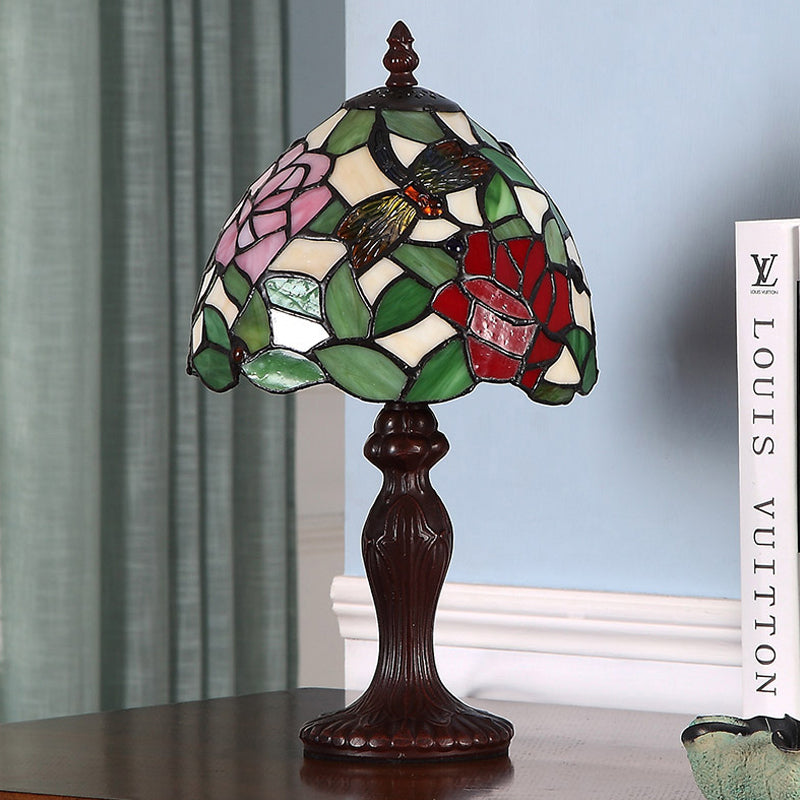 Dark Brown 1 Bulb Night Light Victorian Stained Glass Dragonfly and Rose Patterned Table Lamp Dark Brown Clearhalo 'Lamps' 'Table Lamps' Lighting' 852286