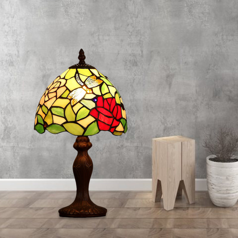 Dark Brown 1 Bulb Night Light Victorian Stained Glass Dragonfly and Rose Patterned Table Lamp Clearhalo 'Lamps' 'Table Lamps' Lighting' 852287