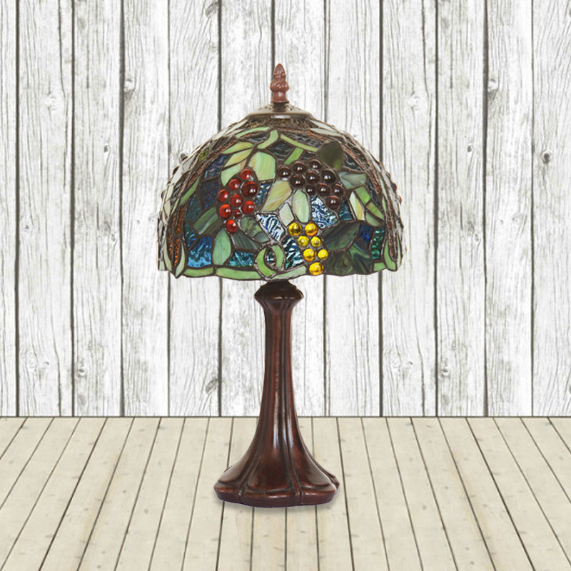 1-Light Bedside Table Lamp Tiffany Coffee Night Light with Grapes Patterned Dome Stained Glass Shade Coffee Clearhalo 'Lamps' 'Table Lamps' Lighting' 852294