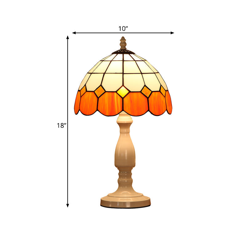 Baroque Gridded Dome Shade Night Light 1 Head Orange-White Stained Glass Table Lighting Clearhalo 'Lamps' 'Table Lamps' Lighting' 852321