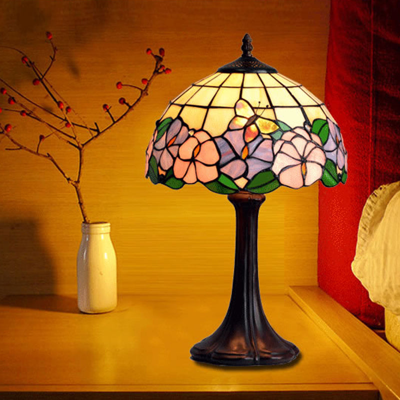 Tiffany Grid Shade Table Lamp 1-Light Hand-Crafted Glass Night Light with Flower and Butterfly Pattern in Coffee Coffee Clearhalo 'Lamps' 'Table Lamps' Lighting' 852358