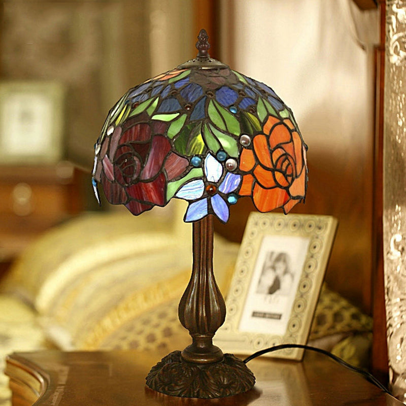 Victorian Style Blossom Table Light 1 Head Multicolored Stained Glass Night Stand Lamp Bronze Clearhalo 'Lamps' 'Table Lamps' Lighting' 852390