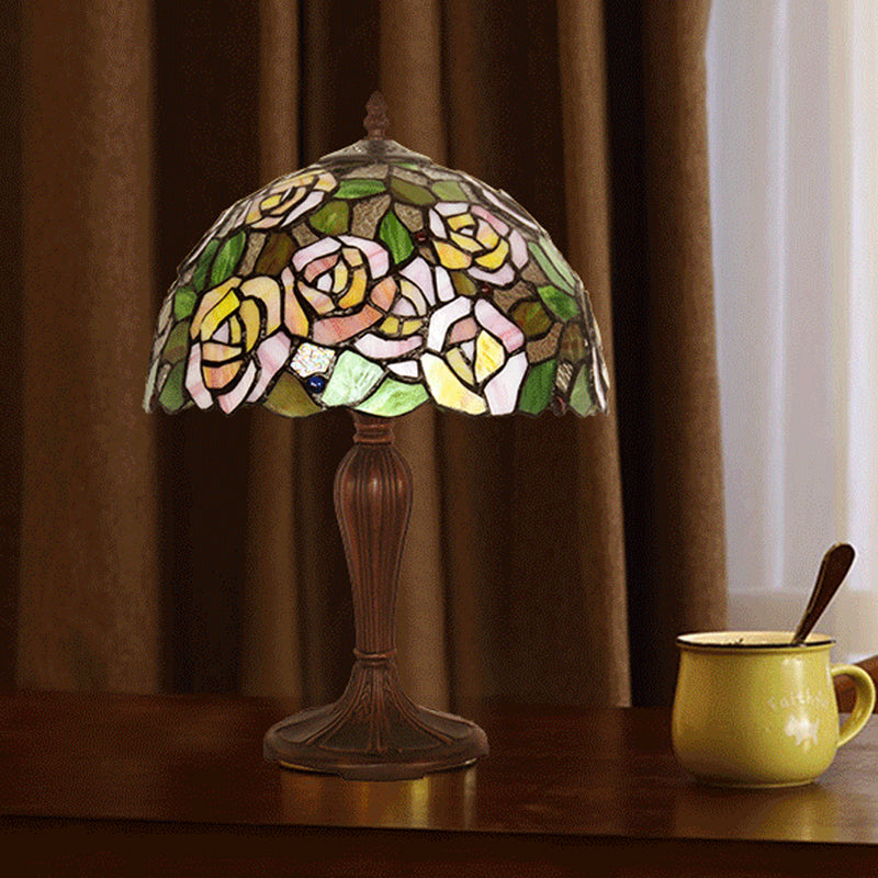 Bronze Single Nightstand Light Tiffany Stained Art Glass Peony Table Lamp with Dome Shade Clearhalo 'Lamps' 'Table Lamps' Lighting' 852399