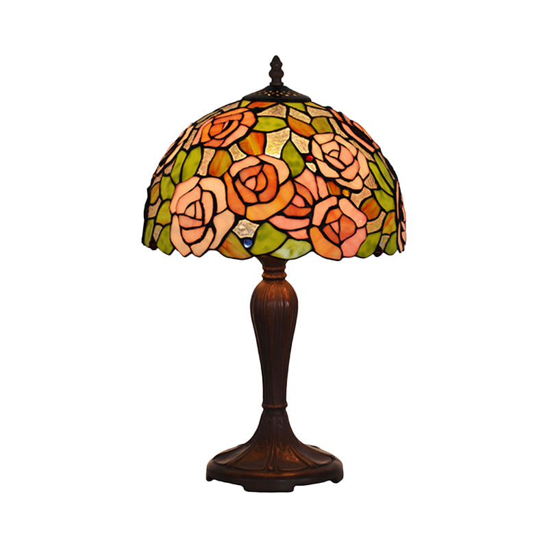 Bronze Single Nightstand Light Tiffany Stained Art Glass Peony Table Lamp with Dome Shade Clearhalo 'Lamps' 'Table Lamps' Lighting' 852400