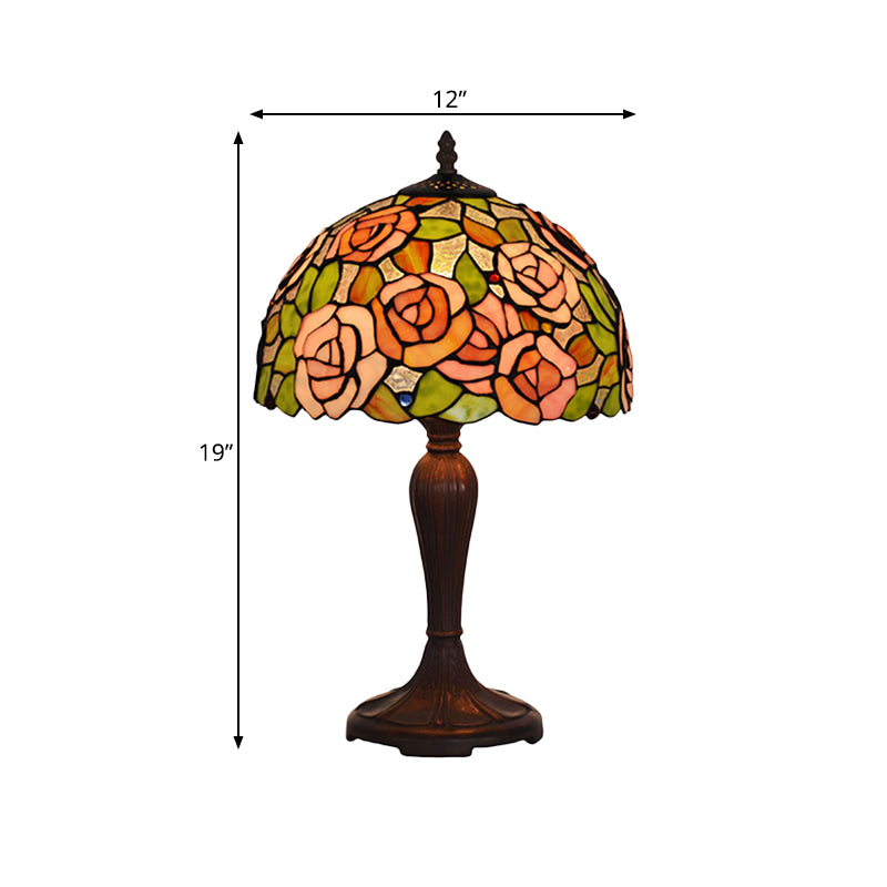 Bronze Single Nightstand Light Tiffany Stained Art Glass Peony Table Lamp with Dome Shade Clearhalo 'Lamps' 'Table Lamps' Lighting' 852401