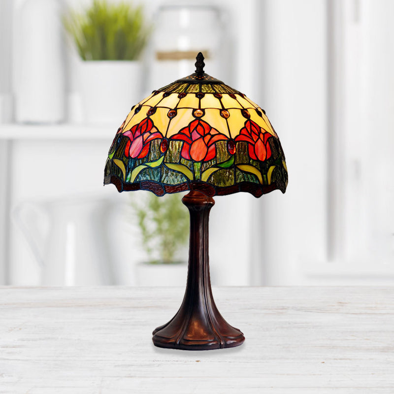Flower Patterned Table Light Tiffany Style Stained Glass 1 Bulb Bronze Night Lamp Bronze Clearhalo 'Lamps' 'Table Lamps' Lighting' 852402