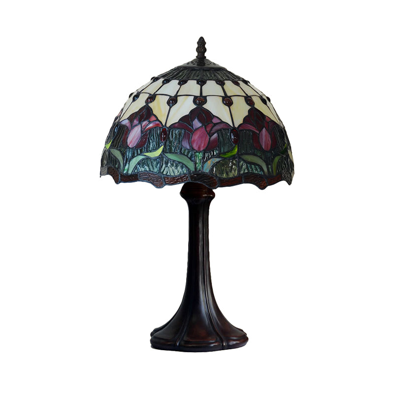 Flower Patterned Table Light Tiffany Style Stained Glass 1 Bulb Bronze Night Lamp Clearhalo 'Lamps' 'Table Lamps' Lighting' 852404