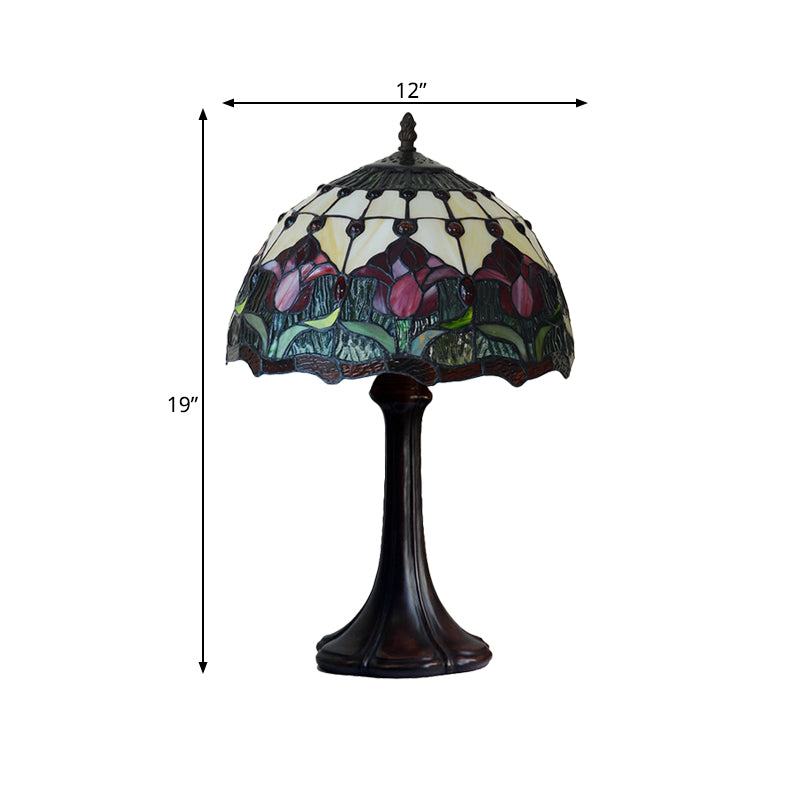 Flower Patterned Table Light Tiffany Style Stained Glass 1 Bulb Bronze Night Lamp Clearhalo 'Lamps' 'Table Lamps' Lighting' 852405
