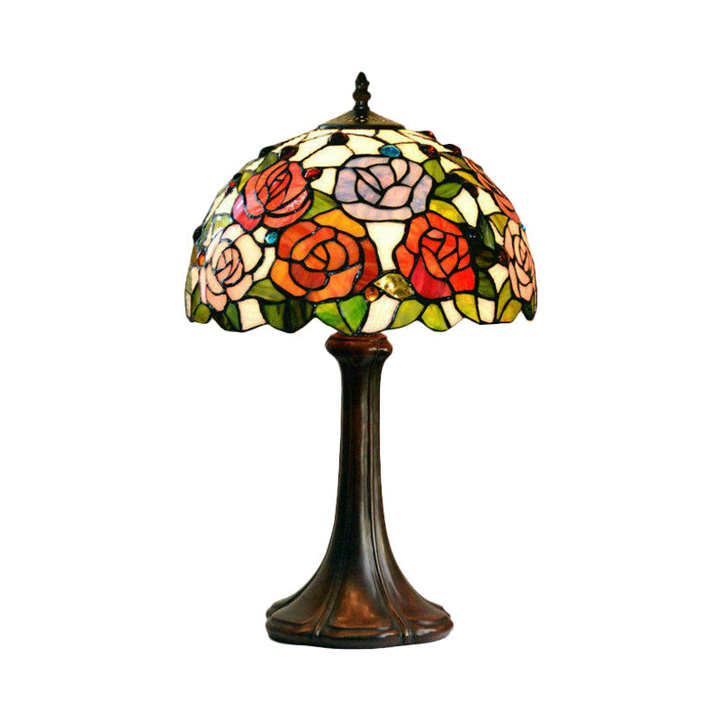 1-Head Jeweled Table Lamp Tiffany Bronze Handcrafted Art Glass Night Lighting with Blossom Pattern Clearhalo 'Lamps' 'Table Lamps' Lighting' 852412