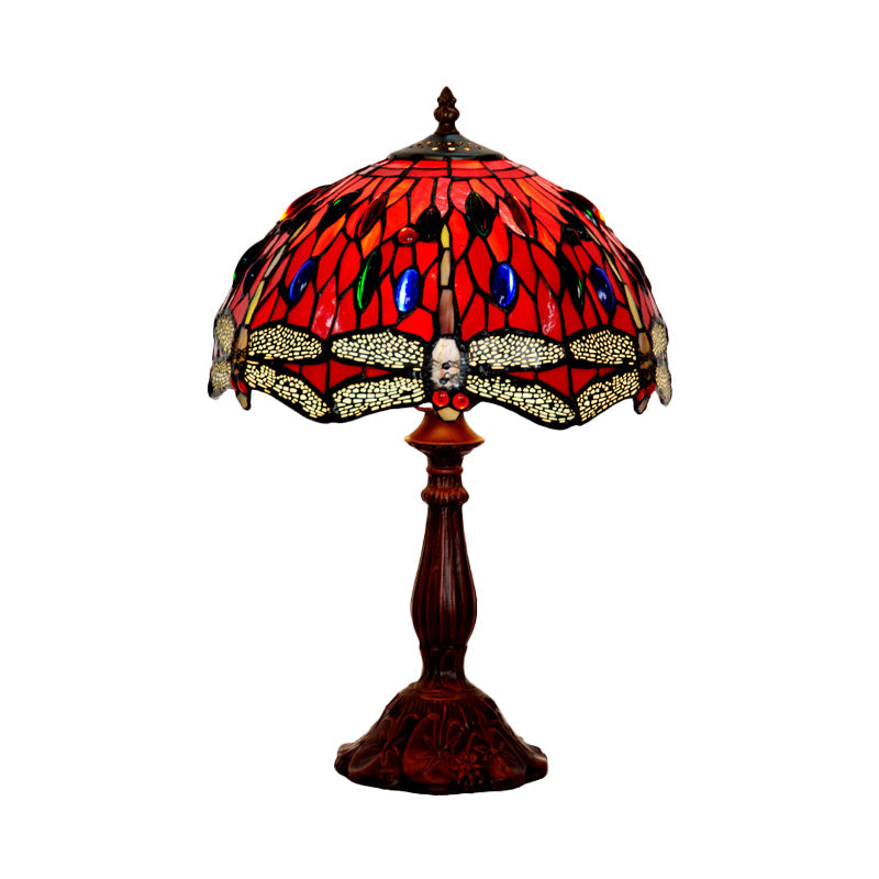 Laburnum Table Light 1-Light Red Glass Tiffany Nightstand Lamp with Gem-Like Cabochons in Bronze Clearhalo 'Lamps' 'Table Lamps' Lighting' 852419