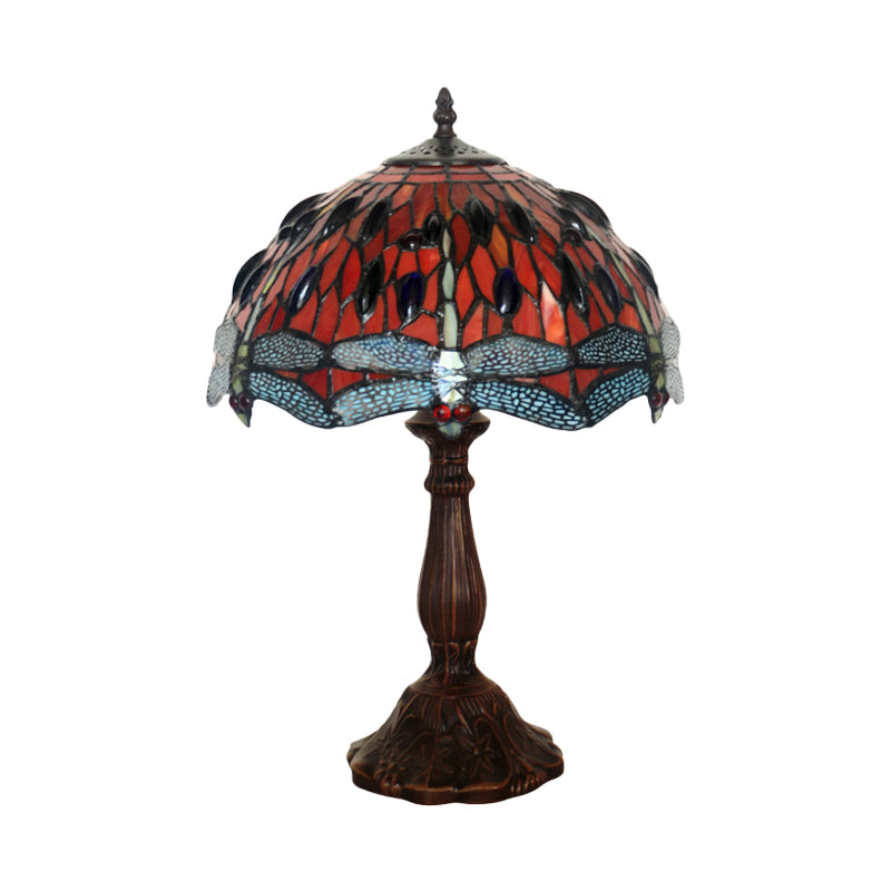 Laburnum Table Light 1-Light Red Glass Tiffany Nightstand Lamp with Gem-Like Cabochons in Bronze Clearhalo 'Lamps' 'Table Lamps' Lighting' 852420