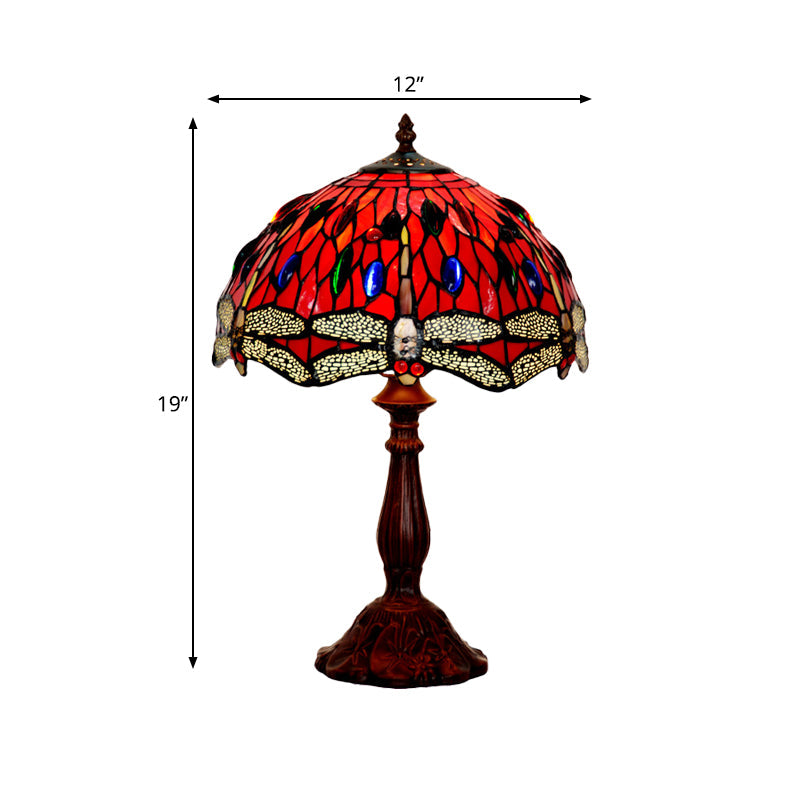 Laburnum Table Light 1-Light Red Glass Tiffany Nightstand Lamp with Gem-Like Cabochons in Bronze Clearhalo 'Lamps' 'Table Lamps' Lighting' 852421