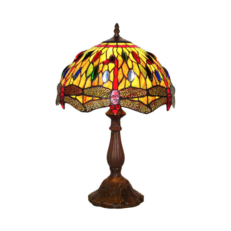 1-Bulb Lounge Night Lamp Tiffany Bronze Table Light with Dragonfly Green Stained Glass Shade Clearhalo 'Lamps' 'Table Lamps' Lighting' 852423