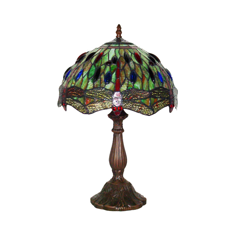 1-Bulb Lounge Night Lamp Tiffany Bronze Table Light with Dragonfly Green Stained Glass Shade Clearhalo 'Lamps' 'Table Lamps' Lighting' 852424