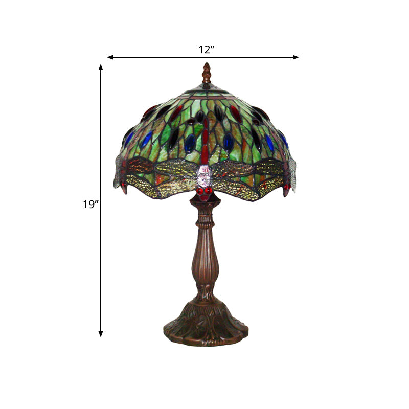 1-Bulb Lounge Night Lamp Tiffany Bronze Table Light with Dragonfly Green Stained Glass Shade Clearhalo 'Lamps' 'Table Lamps' Lighting' 852425