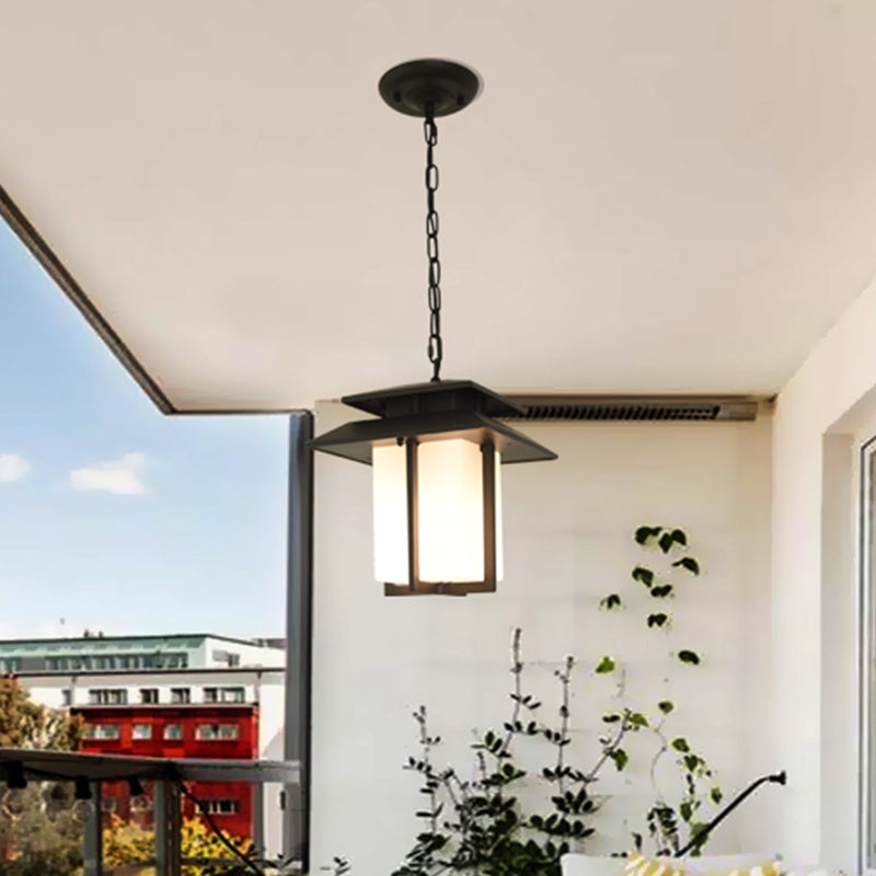 Milk Glass Black Suspension Pendant Lantern 1 Light Countryside Hanging Light for Balcony Clearhalo 'Ceiling Lights' 'Glass shade' 'Glass' 'Pendant Lights' 'Pendants' Lighting' 852427