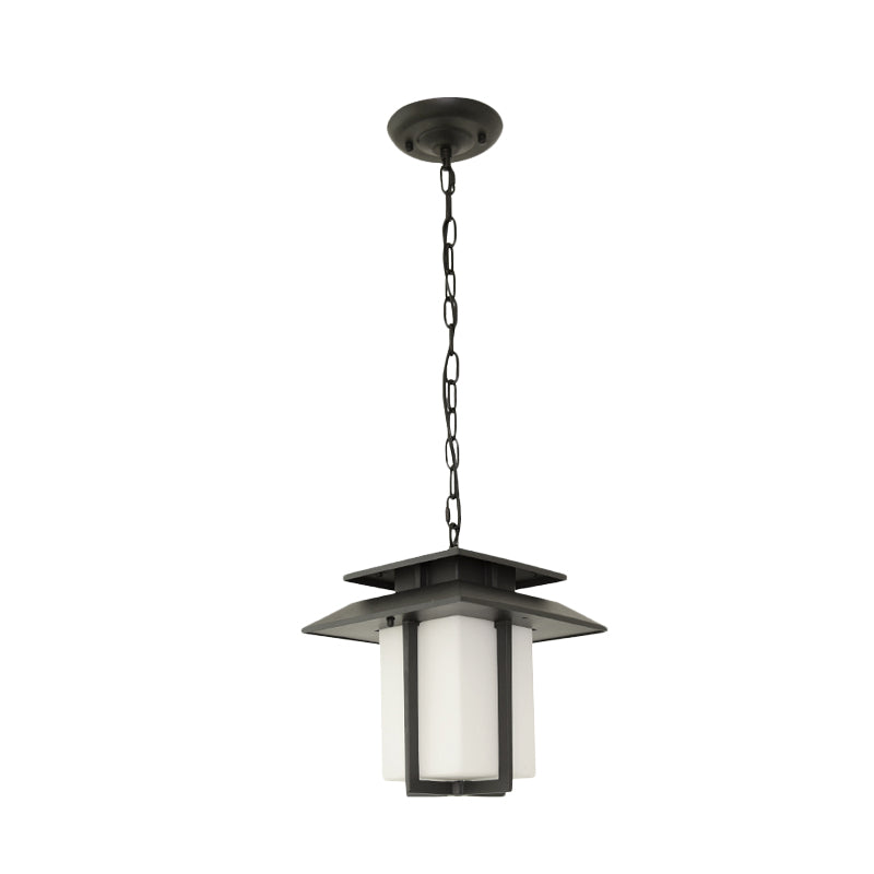 Milk Glass Black Suspension Pendant Lantern 1 Light Countryside Hanging Light for Balcony Clearhalo 'Ceiling Lights' 'Glass shade' 'Glass' 'Pendant Lights' 'Pendants' Lighting' 852428