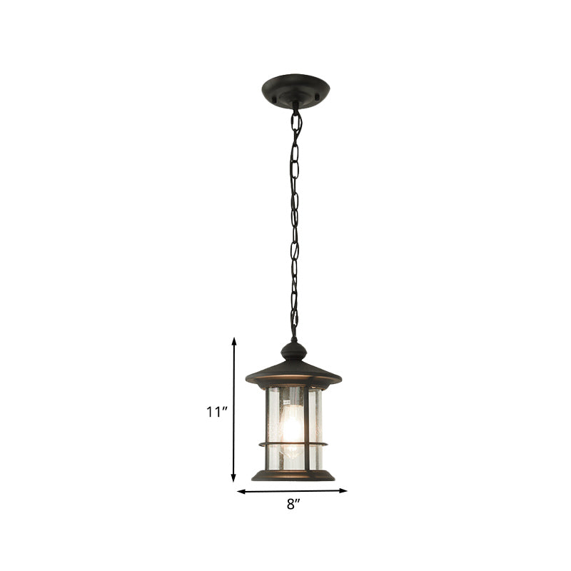 Lodge Lantern Hanging Pendant 1-Bulb Clear Glass Ceiling Suspension Lamp in Black for Balcony Clearhalo 'Ceiling Lights' 'Glass shade' 'Glass' 'Pendant Lights' 'Pendants' Lighting' 852433