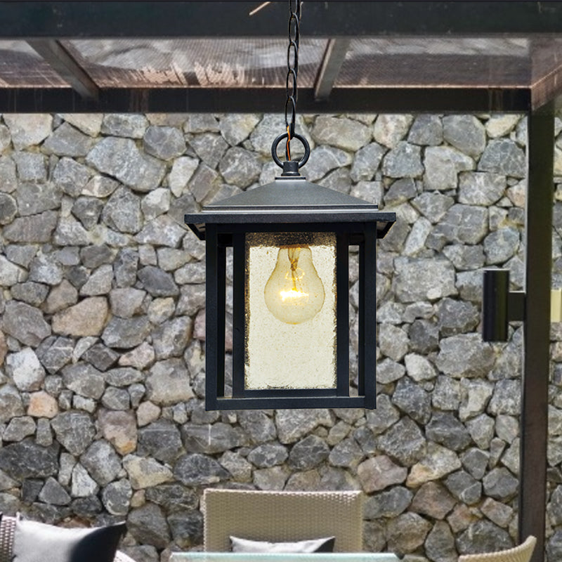 Clear Seedy Glass Black Pendant Lantern 1-Head Retro Hanging Light Fixture for Outdoor Black Clearhalo 'Ceiling Lights' 'Glass shade' 'Glass' 'Pendant Lights' 'Pendants' Lighting' 852442