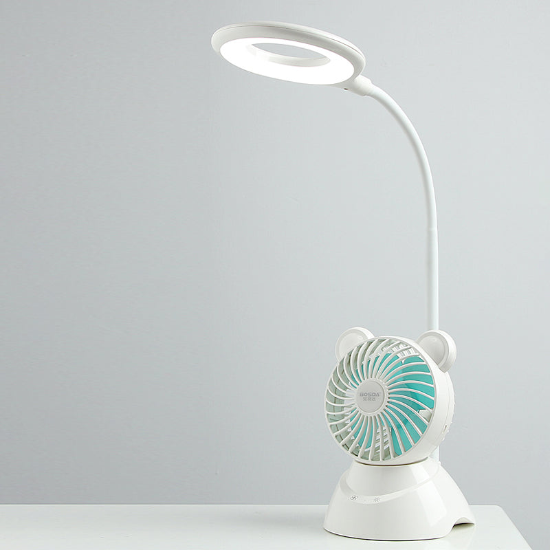 Halo Ring Flexible LED Study Light Macaron Plastic Kids Room Desk Lamp with Mini Fan in White White Clearhalo 'Lamps' 'Table Lamps' Lighting' 852659
