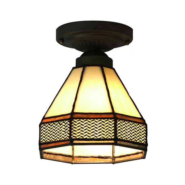 Stained Glass Ceiling Light Fixture, Mini Semi Flush Light in Antique Brass Mission Style, 7