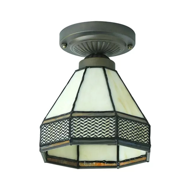 Stained Glass Ceiling Light Fixture, Mini Semi Flush Light in Antique Brass Mission Style, 7