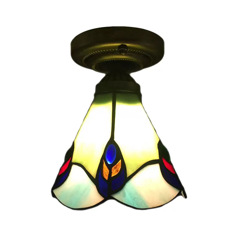 Stained Glass Ceiling Light Fixture, Floral Semi Flush Mount Light in Aged Brass for Bedroom Tiffany Style, 6.5