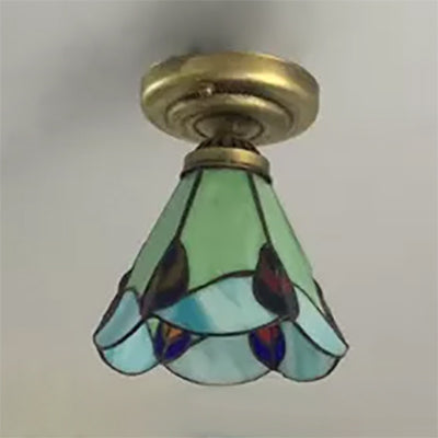 Stained Glass Ceiling Light Fixture, Floral Semi Flush Mount Light in Aged Brass for Bedroom Tiffany Style, 6.5