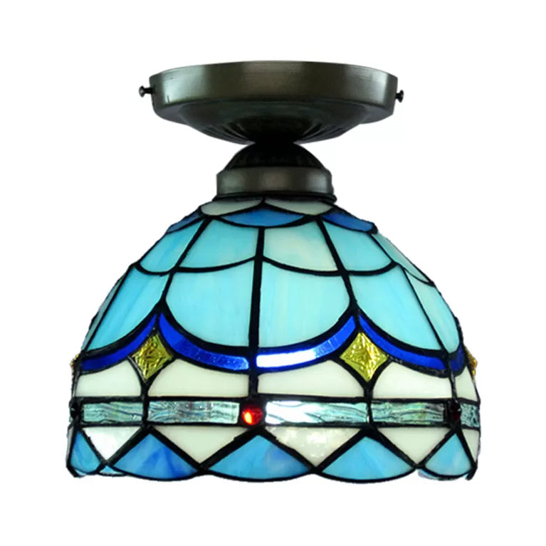 Blue Ceiling Light for Bedroom, Tiffany Semi Flush Light with Art Glass Half Globe Shade, 7.5