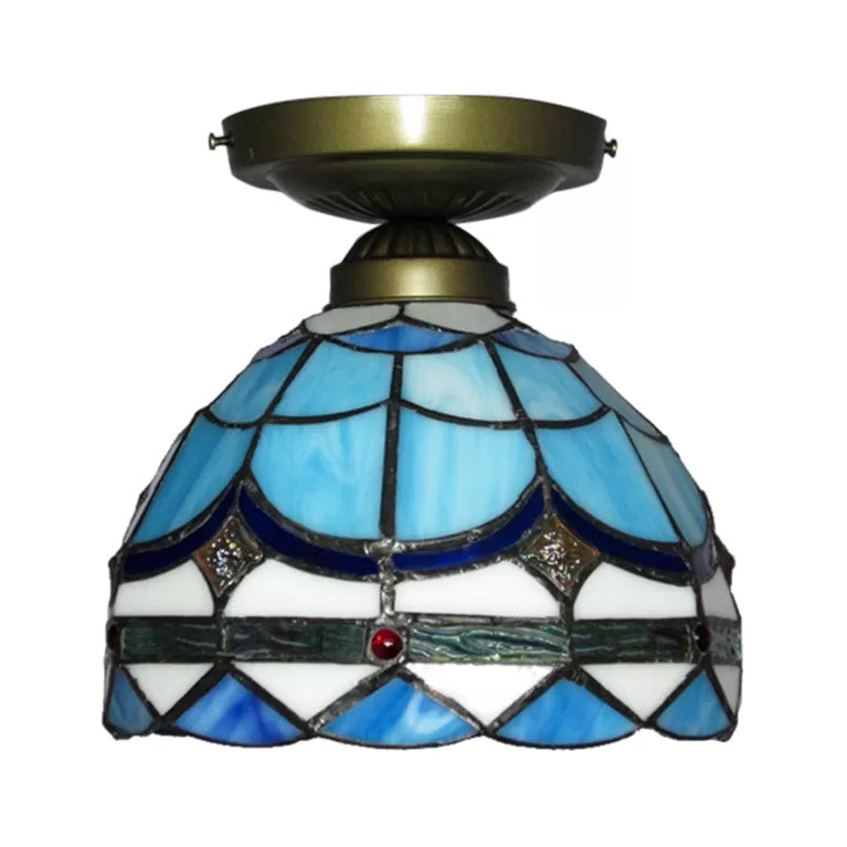 Blue Ceiling Light for Bedroom, Tiffany Semi Flush Light with Art Glass Half Globe Shade, 7.5