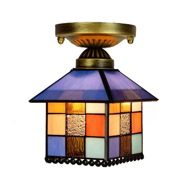 Stained Glass Ceiling Light Fixture Flush Mount, House Shaped Semi Flush Mount Light in Antique Brass Tiffany Style, H11