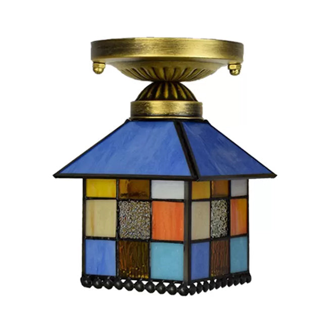 Stained Glass Ceiling Light Fixture Flush Mount, House Shaped Semi Flush Mount Light in Antique Brass Tiffany Style, H11