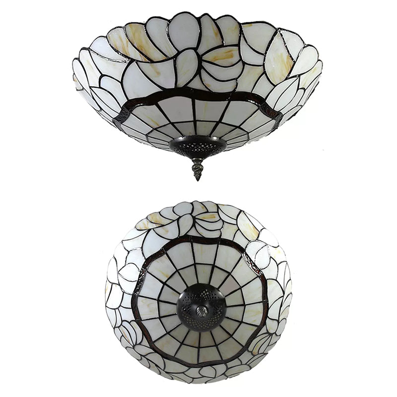 Bedroom Ceiling Lights Tiffany, 2-Lights Flush Mount Light Fixture in White with Art Glass Dome Shade, 8