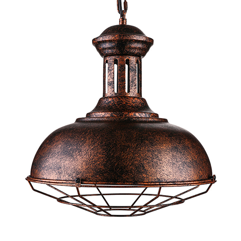 1 Head Bowl Ceiling Fixture Warehouse Rust Finish Iron Hanging Ceiling Light with Wire Frame over Table Clearhalo 'Art Deco Pendants' 'Cast Iron' 'Ceiling Lights' 'Ceramic' 'Crystal' 'Industrial Pendants' 'Industrial' 'Metal' 'Middle Century Pendants' 'Pendant Lights' 'Pendants' 'Tiffany' Lighting' 85364