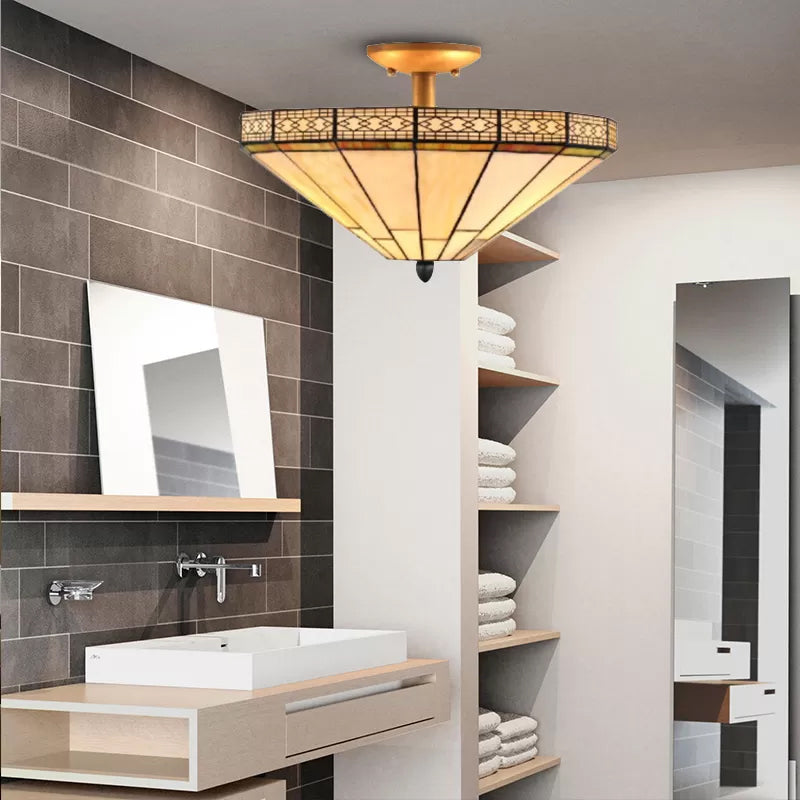 Bedroom Ceiling Light Glass, 2 Lights Flared Semi Flush Light in Beige Mission Style, 12