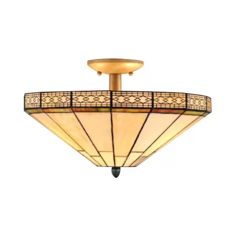 Bedroom Ceiling Light Glass, 2 Lights Flared Semi Flush Light in Beige Mission Style, 12