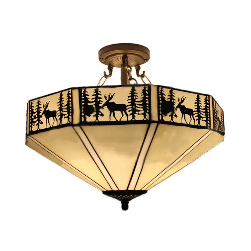 Antique Brass Ceiling Light, 2-Lights Mission Upward Semi Flush Light with Dear and Tree Pattern Clearhalo 'Ceiling Lights' 'Close To Ceiling Lights' 'Close to ceiling' 'Glass shade' 'Glass' 'Semi-flushmount' 'Tiffany close to ceiling' 'Tiffany' Lighting' 85403