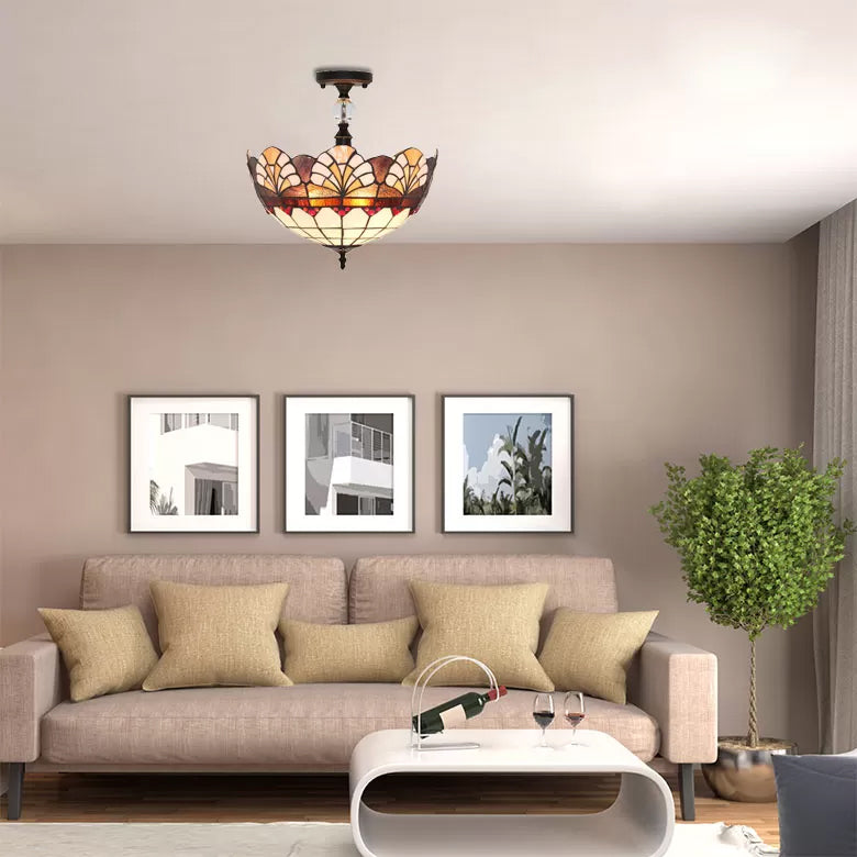 Stained Glass Ceiling Light for Bedroom, Tiffany Upward Semi Flush Mount Lighting with Clear Crystal Ball Decoration White Clearhalo 'Ceiling Lights' 'Close To Ceiling Lights' 'Close to ceiling' 'Glass shade' 'Glass' 'Semi-flushmount' 'Tiffany close to ceiling' 'Tiffany' Lighting' 85408